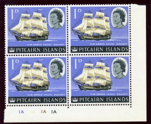 Pitcairn Islands 1964 QEII 1d multicolour plate block of four superb MNH. SG 37.