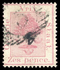 Orange Free State 1877 4d on 6d rose showing SURCHARGE INVERTED vfu. SG 12a.