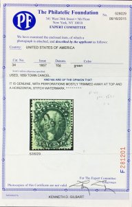 MOMEN: US STAMPS #34 STITCH WMK USED POS 55L1 PF CERT LOT #94758