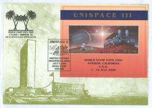 United Nations 763a 2000 Unispace III souvenir sheet with World Stamp Expo.  2000 overprint & Exhibition cancel on UN card