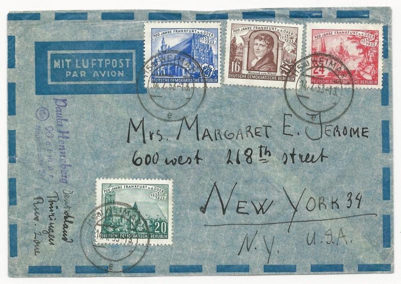 Germany DDR Scott #151-154 on Cover Air Mail to New York USA July 14, 1953