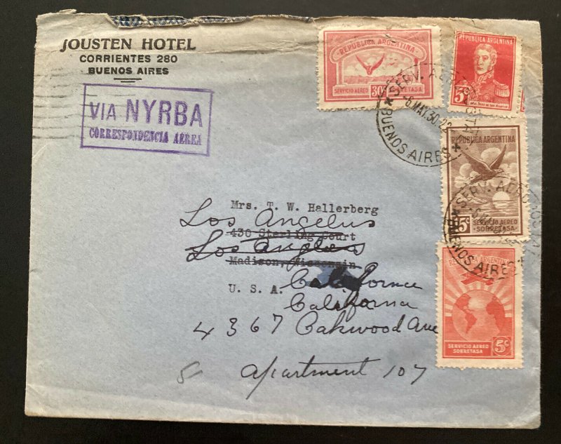 1930 Buenos Aires Argentina Jousten Hotel Cover To Los Angeles CA USA Vía NYRBA