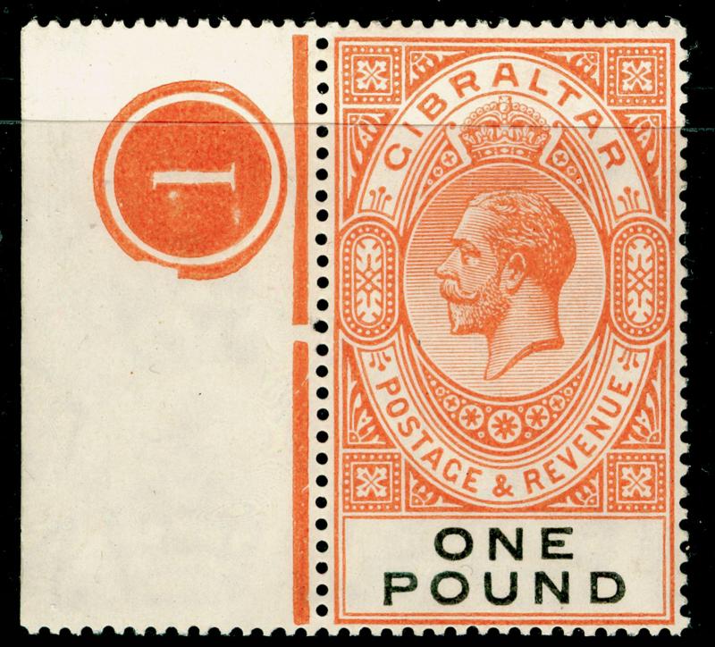 GIBRALTAR SG107, £1 red-orange, VLH MINT. Cat £190. CONTROL.