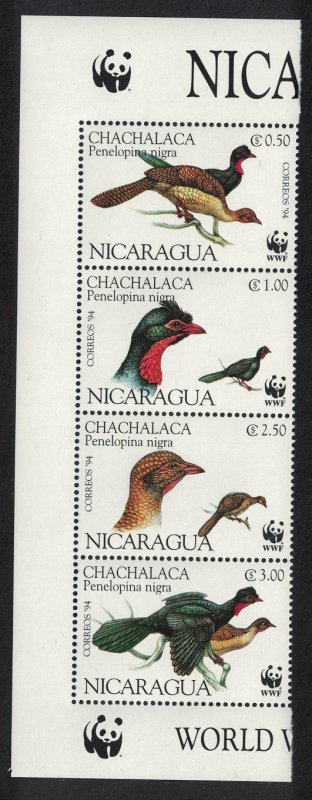 Nicaragua Birds WWF Highland Guan Strip of 4v with WWF Logo SG#3509-3512