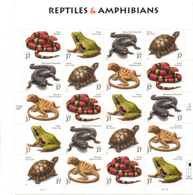 US 3814-18 - 37¢ Reptiles and Amphibians Unused