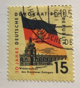 Germany DDR 1959 Scott 458 used - 15pf,  DDR' 10th Anniv, Flag & Dresden...