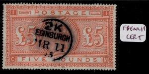 GB QV SG137, SCARCE £5 orange, USED. Cat £3500. FRENCH CERT. CDS. CM 