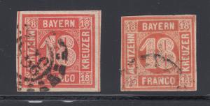 Bavaria Sc 14, 14a used 1862 18kr vermilion red & light red Numerals