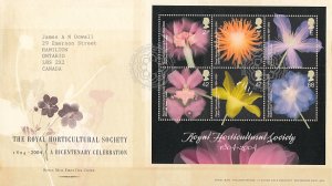 Great Britain 2004 FDC Sc #2214a Sheet of 6 Flowers Royal Horticultural 200 y...