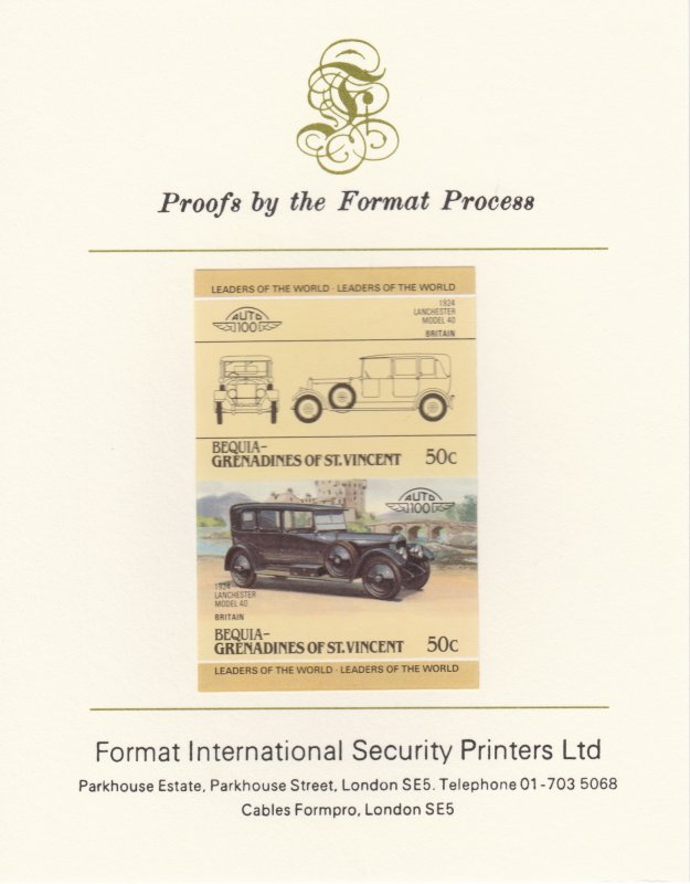 St VINCENT - BEQUIA 1985 CARS   imperf on FORMAT INT PROOF CARD