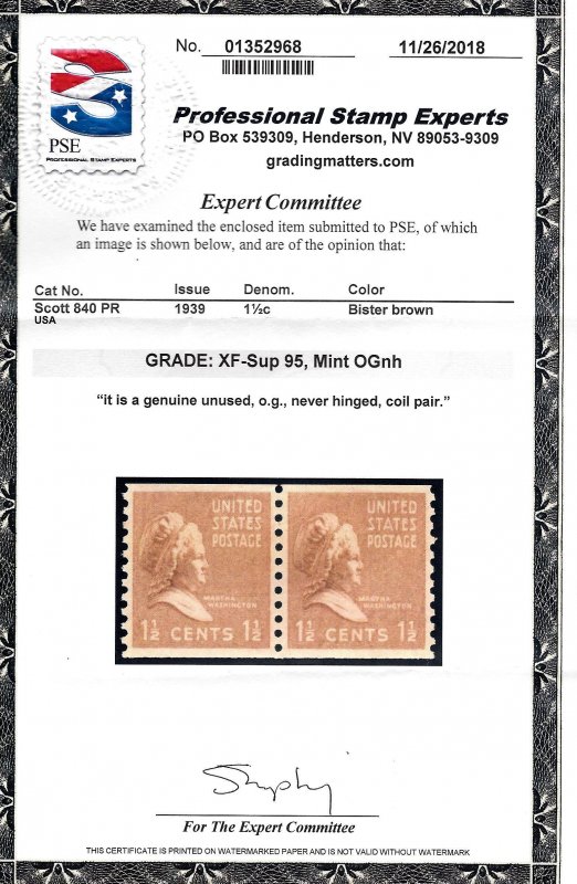 840 Mint,OG,NH... Pair... PSE Graded 95 XF-Superb... SMQ $95.00