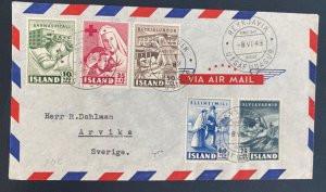 1949 Reykjavik Iceland First Day Airmail Cover To Arvika Sweden Red Cross Stamps