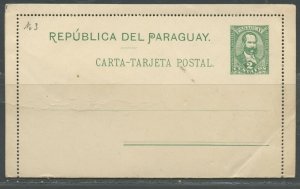 PARAGUAY 2C GREEN UPU MINT POSTAL STATIONERY LETTERCARD AS SHOWN