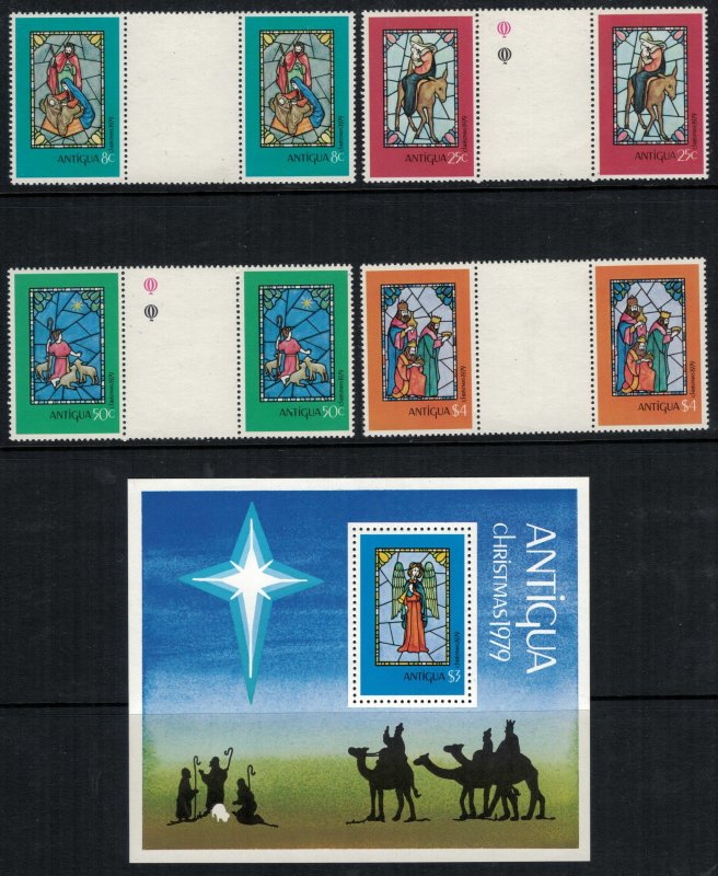 Antigua #552-6* NH  CV $4.65  Christmas 1979 gutter pairs & Souvenir sheet