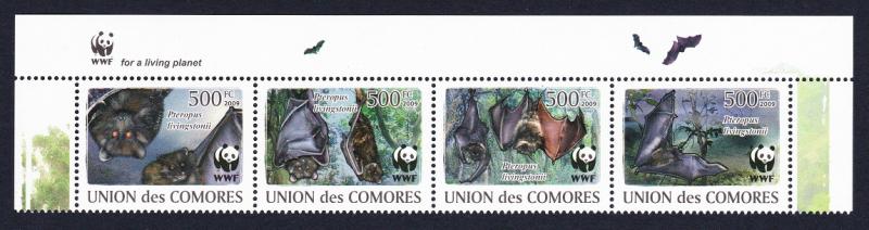 Comoro Is. WWF Livingstone's Fruit Bat Top Strip with WWF Logo MI#2212-2215