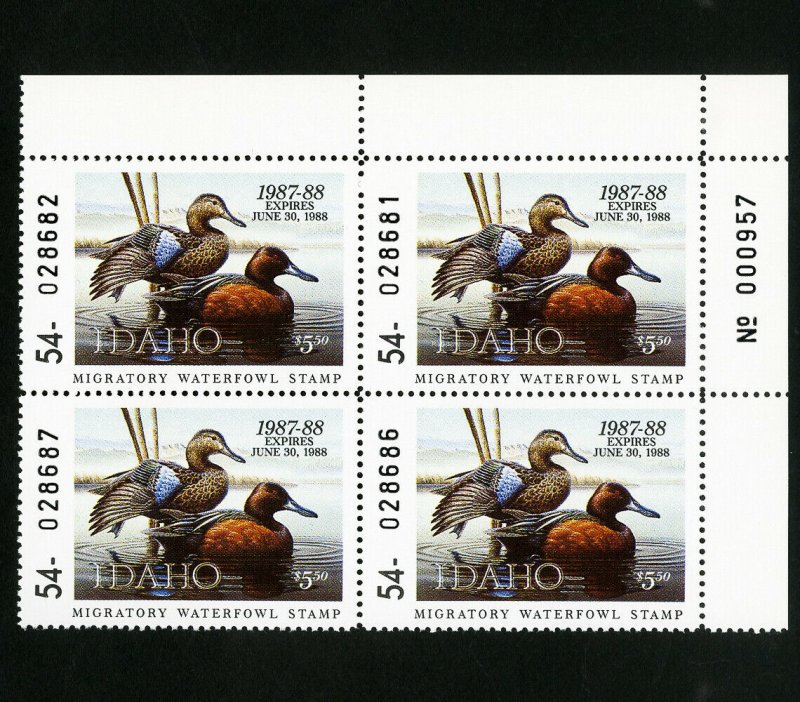 US Duck Idaho Stamps # 1 XF PB of 4 OG NH Scott Value $60.00