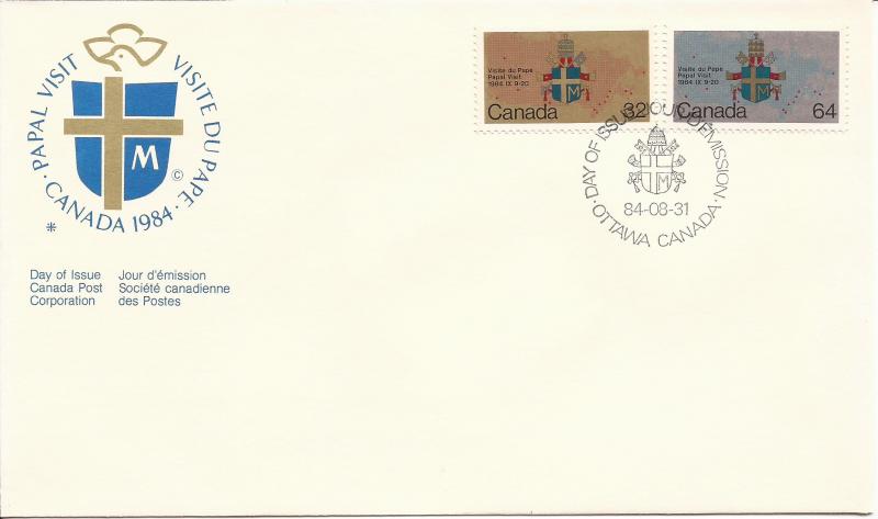 1984 Canada FDC Sc 1030-1 - Papal Visit - Papal coat-of-arms and map