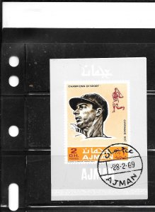 AJMAN Joe Dimaggio cto XF OLD 1969 SOUVENIR SHEET EXCELLENT IMPERF STAMP