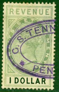 STRAITS SETTLEMENTS 1887 $1.00 Green & Black QV Revenue Bft 40 VFU