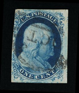 AFFORDABLE GENUINE SCOTT #7 USED 1851 BLUE TYPE-II WITH STRAIGHT LINE CANCEL