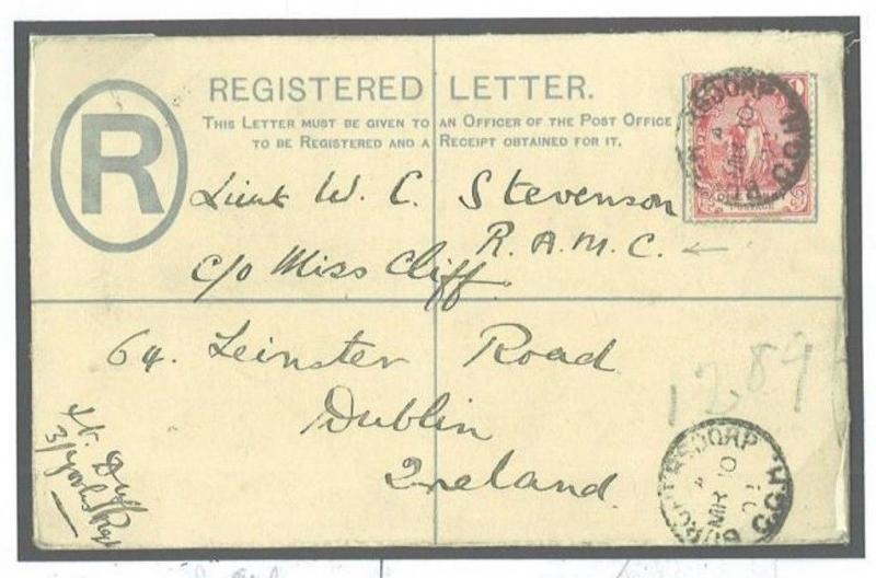 W380 1902 BOER WAR COGH Yorks Regt Registered Cover RAMC Officer Ireland MEDICAL