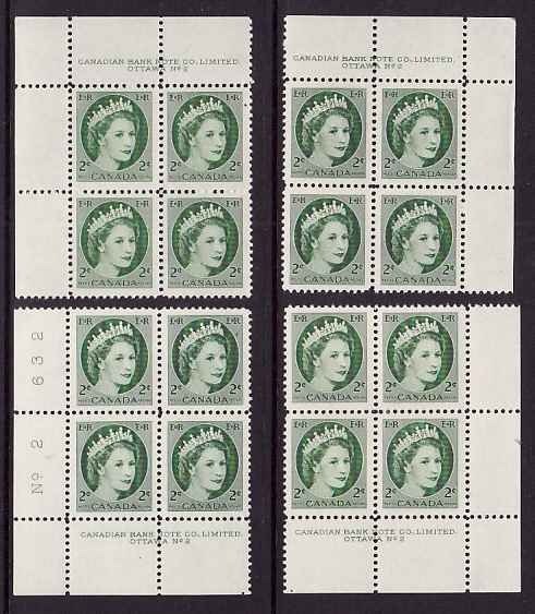 Canada-Sc#338- id10999-unused NH four plate blocks#2- 2c QEII Wilding-1954-