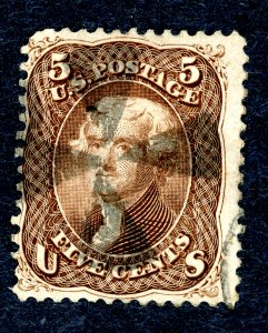 US #76 – 1863 5c Jefferson, Brown.  Used F/VF.  Windmill Cancel.