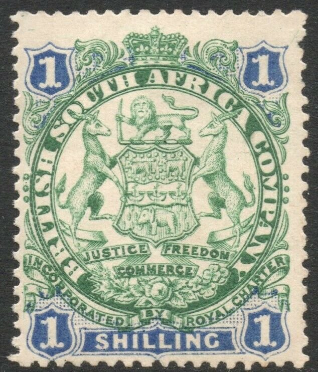 RHODESIA-1896-97 1/- Green & Blue Sg 35 AVERAGE MOUNTED MINT V37875