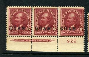 Guam Scott 6 Mint Overprint Plate Strip of 3 Stamps (Stock By 434)