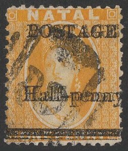 NATAL 1877 'Postage Half-penny' on QV Chalon 1d yellow, error DOUBLE