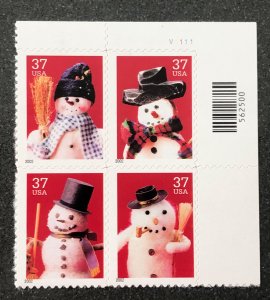 US scott # 3684-3687 Snowmen plate block of 4 stamps MNH