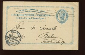 UX13 Postal Card Used New York to Berlin Germany (UX13-3)