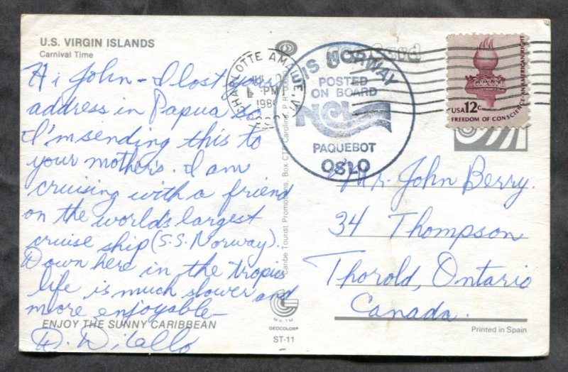 d175 - US VIRGIN ISLANDS 1984 PAQUEBOT Mail. Ship S/S Norway. Posted to Canada