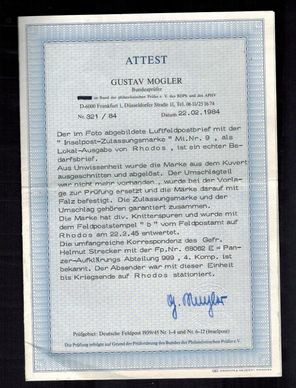 1945 Rhodes Inselpost Feld Post Cover to Germany Mogler Expert Certificate