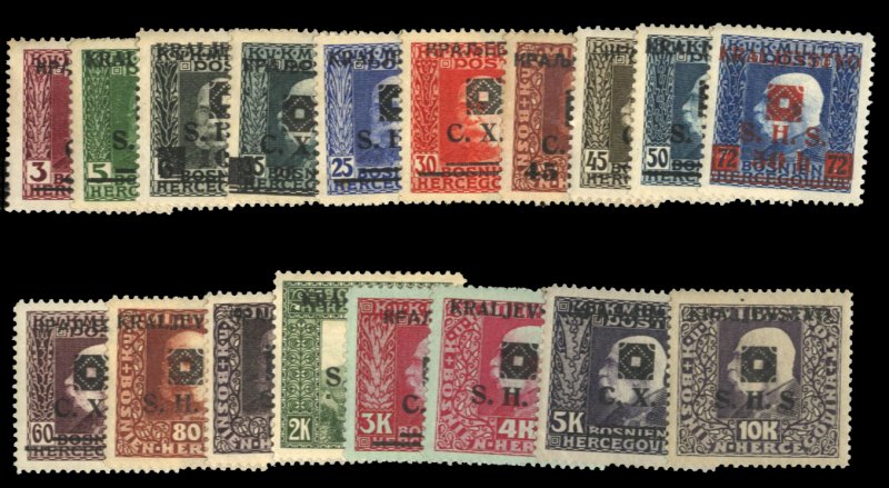 Yugoslavia #1L25-42 Cat$112.35, 1919 Overprints, complete set, hinged