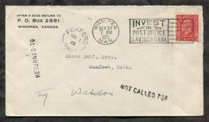 d149 - WINNIPEG 1935 Slogan Cancel on Cover to Foxford Sask. RETURNED