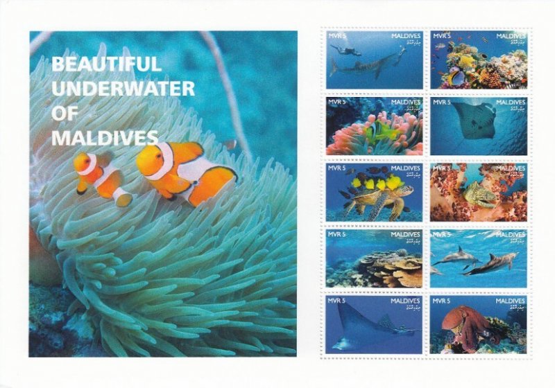 MALDIVES -2016-Beautiful Underwater of Maldives-Perf 10v Sheet-Mint Never Hinged