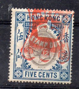 GREAT BRITAIN - HONG-KONG - GEORGES Vth - 5 Cents - STAMP DUTY - Used - 1912 -