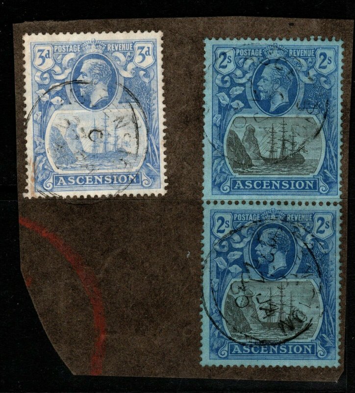 ASCENSION SG19(x2) & SG14 1924 2/= GREY-BLACK & BLUE/BLUE FINE USED ON PIECE