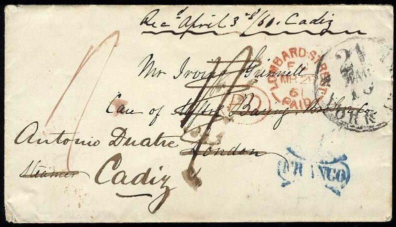 Spain, 1861 cover with contents, sent from USA to London from where it was re...