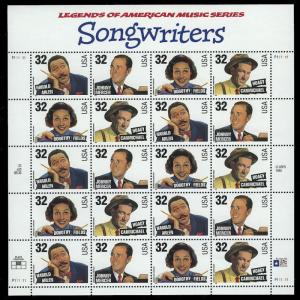 1996 32c Songwriters, Sheet of 20 Scott 3100-03 Mint F/VF NH