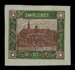 Saar #82 (Mi. 68U) Cat€420, 1921 10m green and red brown, imperf. single, u...