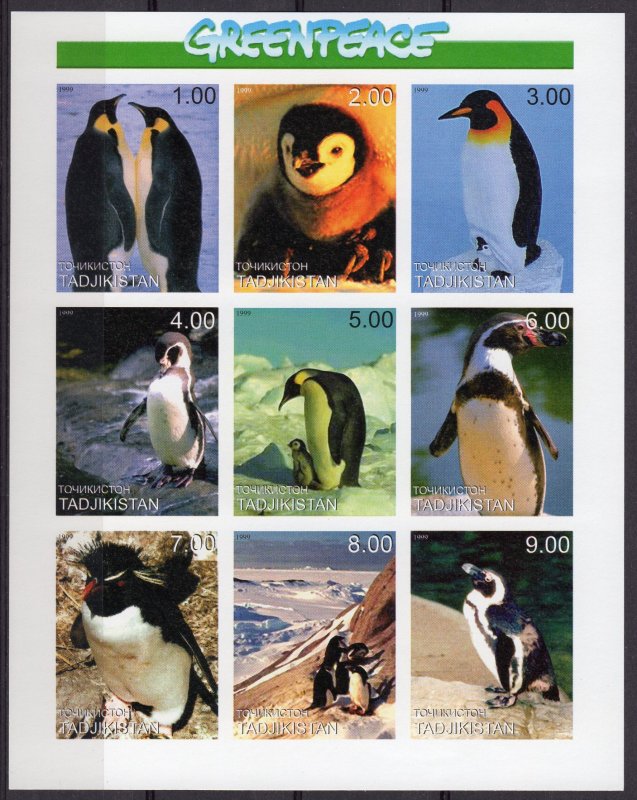 Tadjikistan 1999 Penguins-Greenpeace Sheetlet (9) IMPERFORATED MNH