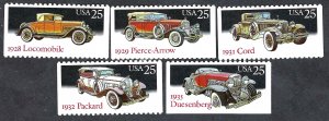 United States #2381-85 25¢ Classic Cars (1988). Five booklet singles. MNH