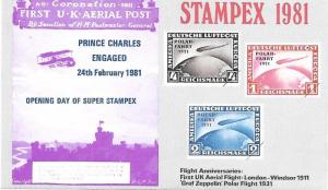 GREAT BRITAIN STAMPEX 1981 AERIAL POST ANNIVERSARY ZEPPELIN POLAR FLIGHT S/S MNH