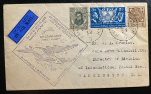 1939 Dublin Ireland First Flight Cover To Washington DC USA Rare Black Cachet