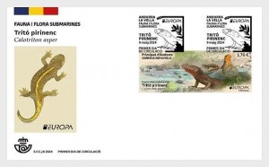Andorra Spain 2024 Europa Underwater Flora and Fauna Pyrenean Tritó stamp FDC