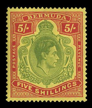 Bermuda #125var (SG 118g) Cat£35, 1938-53 George VI, 5sh yellow green and re...