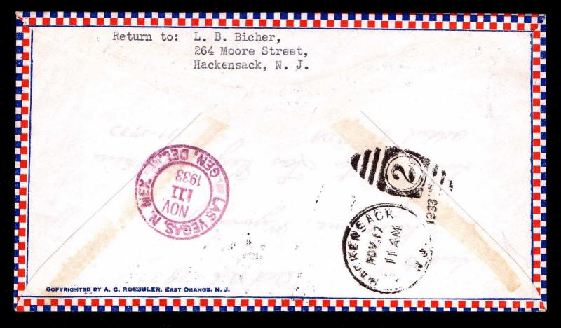 1933 AIR MAIL COVER CHETENNE, WY TO LAS VEGAS, NM - NICE FRANKING  (ESP#1571)
