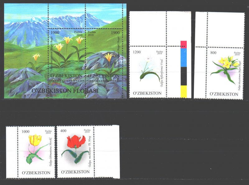 Uzbekistan. 2010. 905-8, bl57. Tulips flowers flora. MNH. 